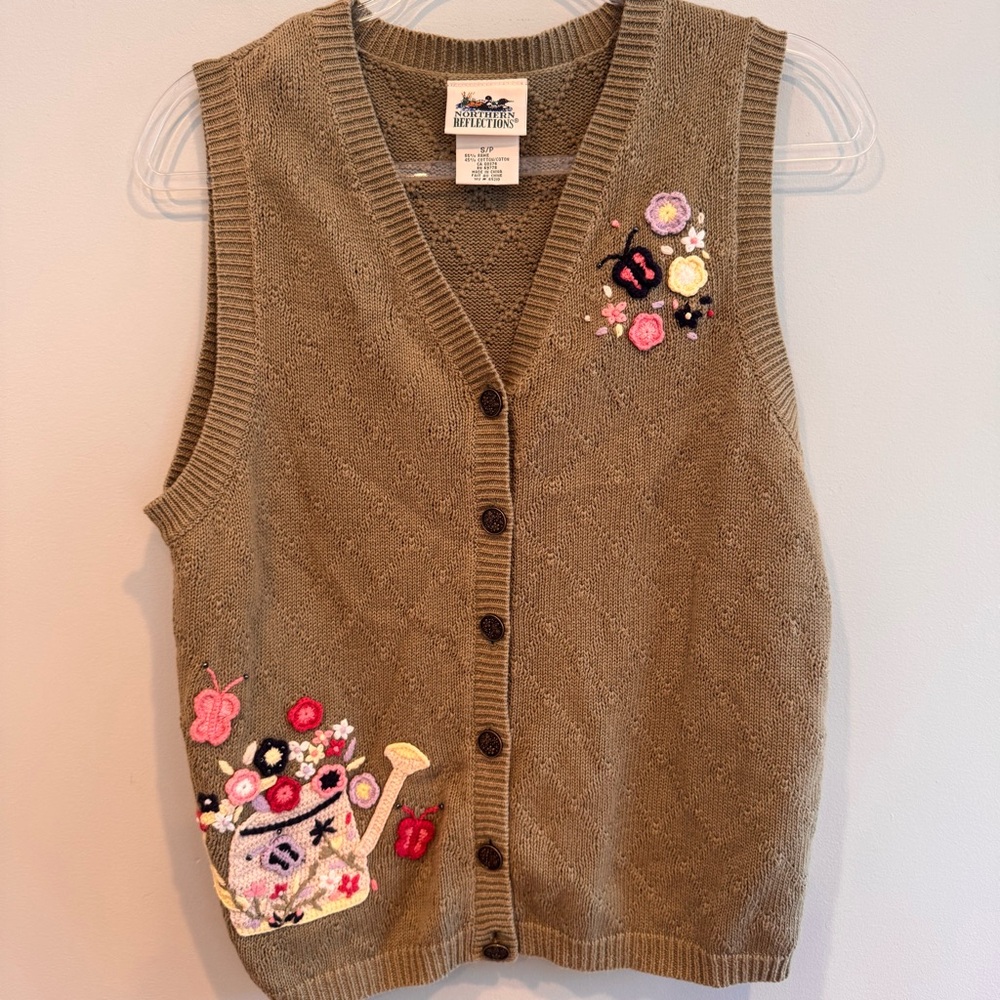 Vintage Northern Reflections Cottagecore Embroidered Sweater Vest Green Size S
